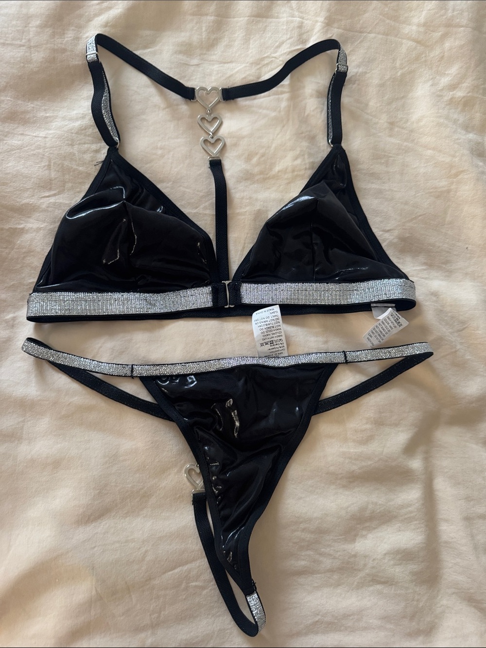 Black Patent Two-Piece Lingerie Set with Silver Trim